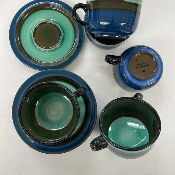 Waku West Germany set of 6 cups and saucers 1960s teal green violet stripes - Picture 3 of 6
